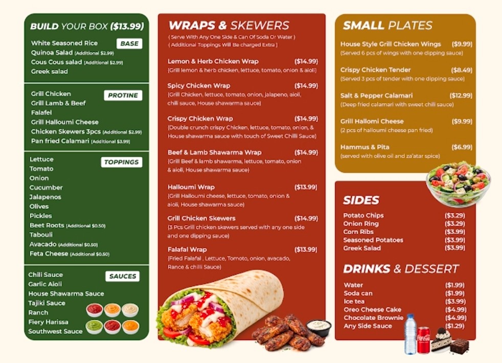 Medbox menu categories featuring wraps, small plates, sides, and dessert